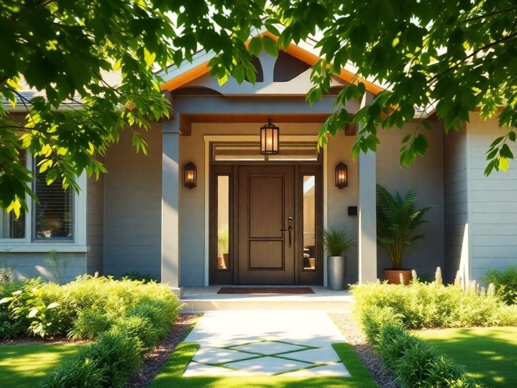 Modern home surrounded by greenery, inviting potential buyers.