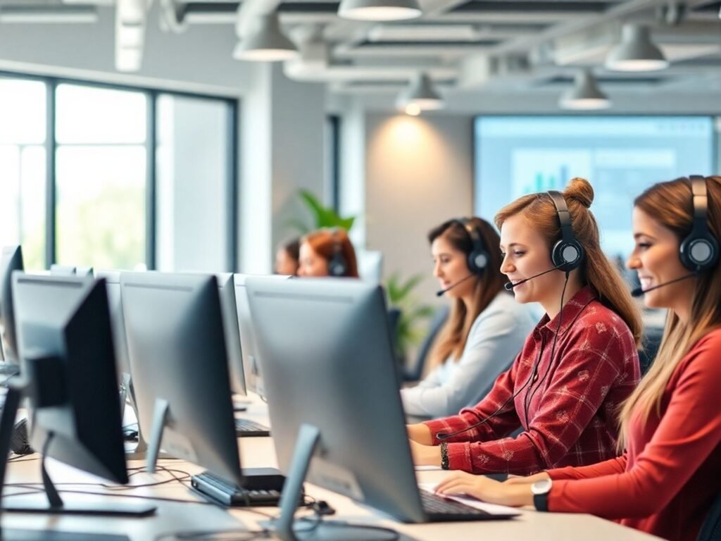 Modern call center with agents using headsets and computers.