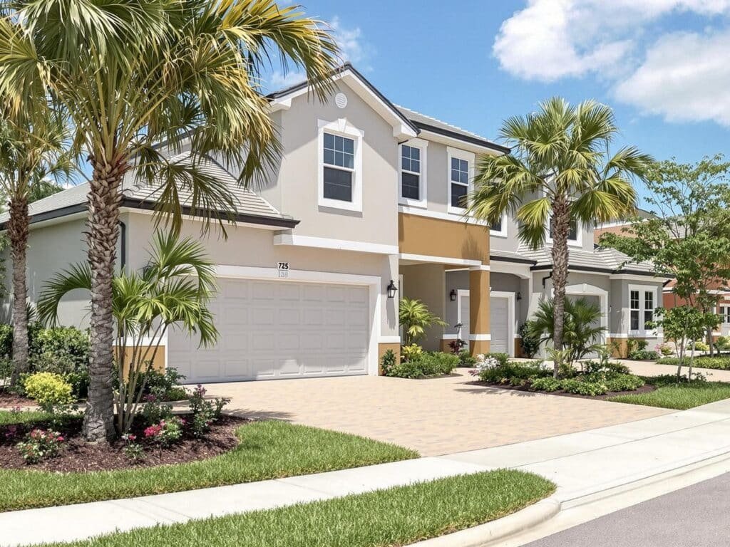 Modern new homes in Orlando neighborhood with palm trees.