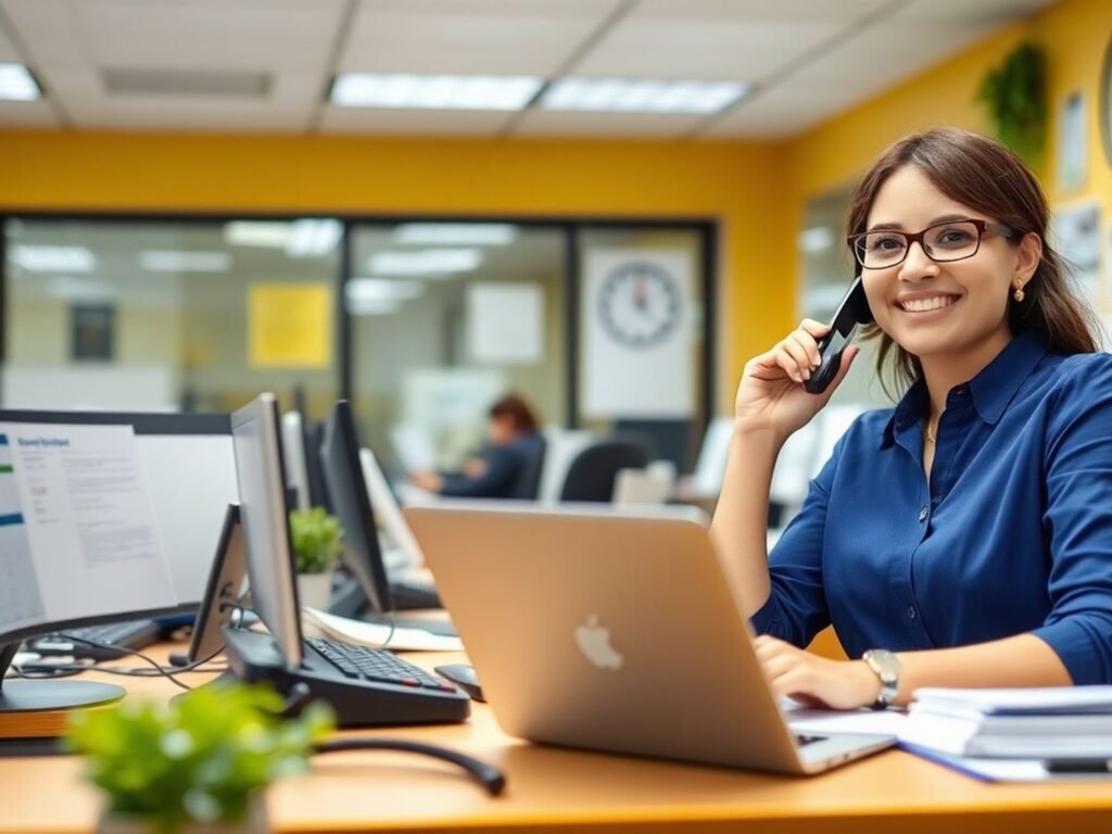 Office reception area with a receptionist answering phone calls.