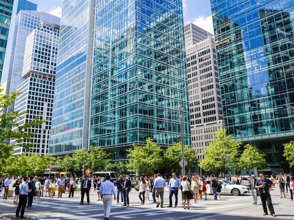 Business professionals gather outside modern city buildings