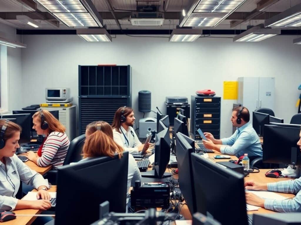 Team of professionals answering HVAC service calls in an office.