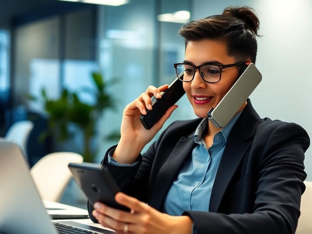 Small business owner answering phone in modern office.