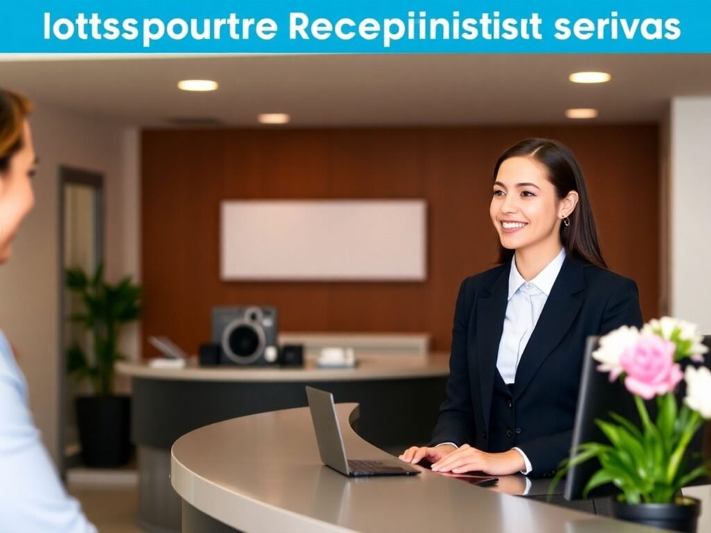 Receptionist assisting clients at a modern office desk.