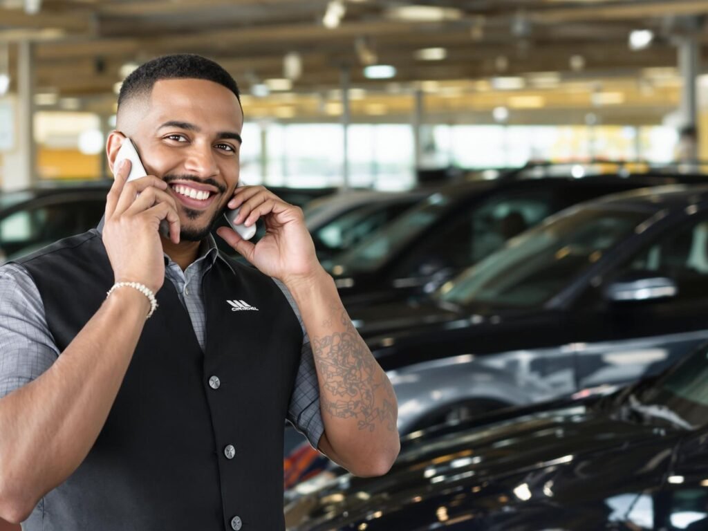 Car salesperson on phone at dealership with cars.