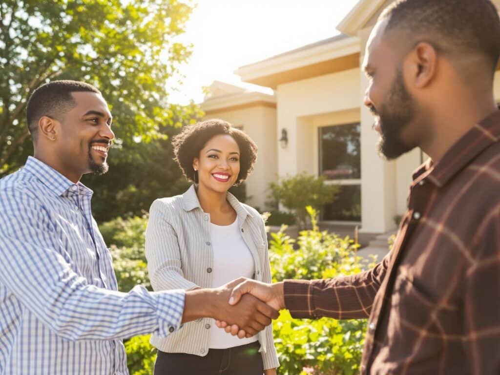 Smiling agent with happy couple in front of house