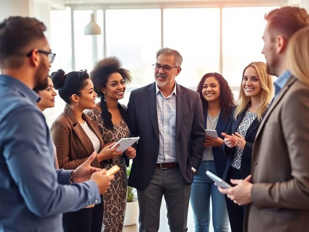 Real estate professional meeting with clients in a modern office.