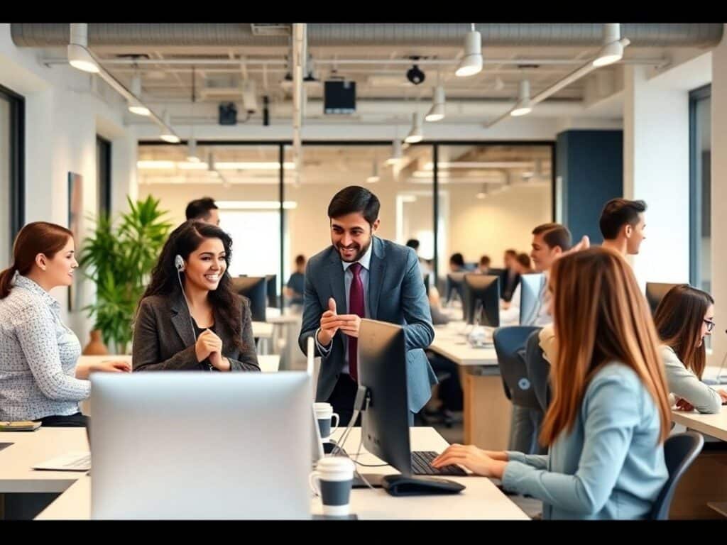 Small business team collaborating in a modern office environment.
