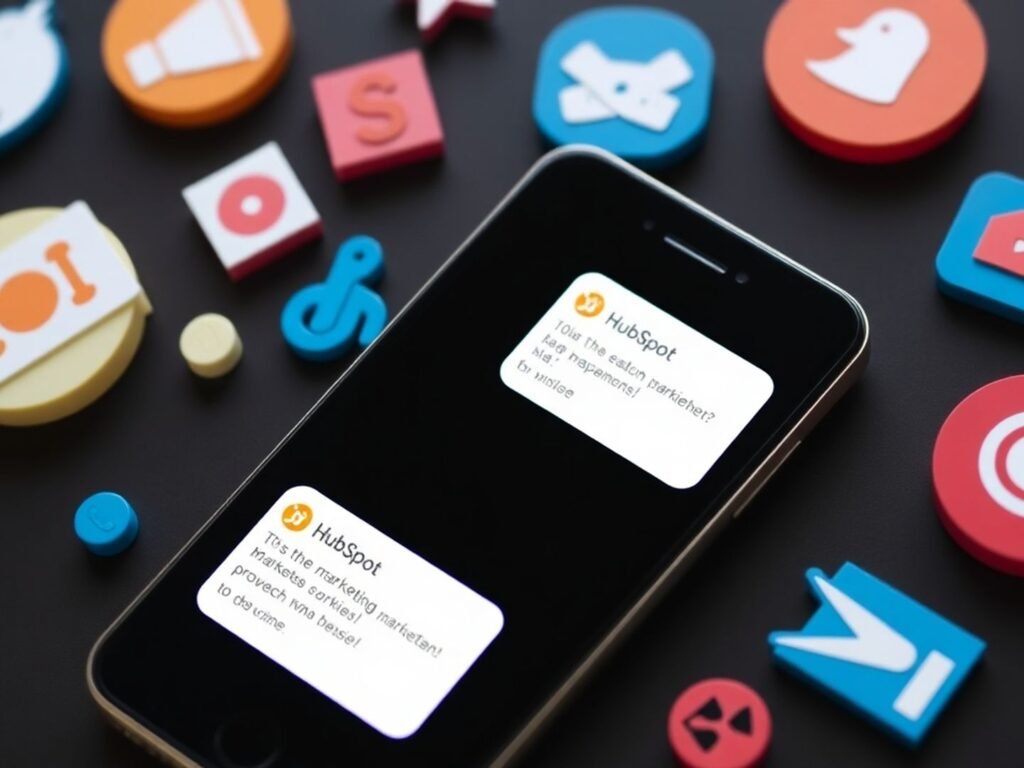 Smartphone with SMS notifications and marketing icons.