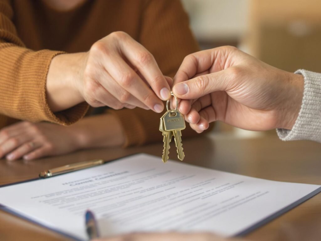 Two people exchanging house keys over a contract.