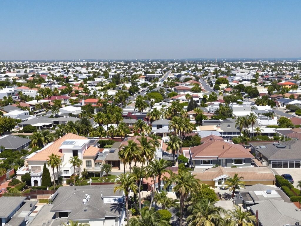 Aerial California neighborhood with houses and palm trees