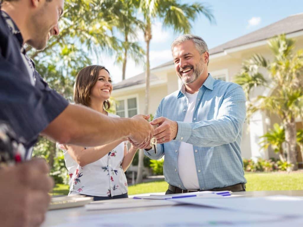 Florida home with realtor handing keys to clients