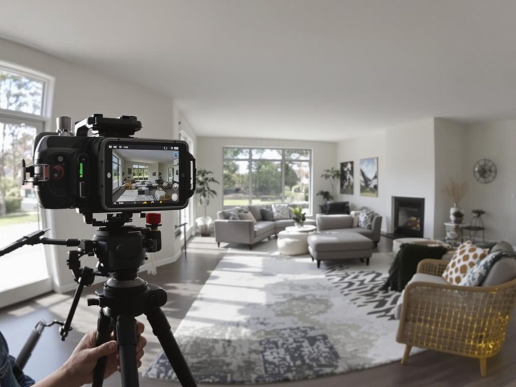 Agent using Giraffe 360 camera in modern living room