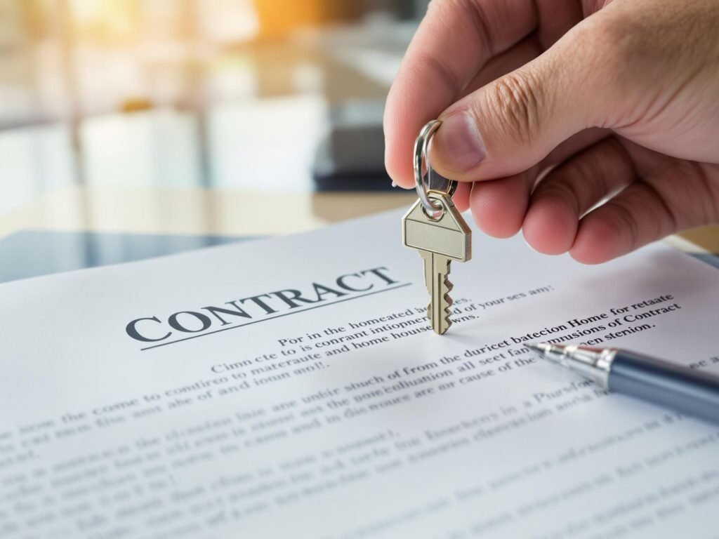 Hands exchanging house key over contract document