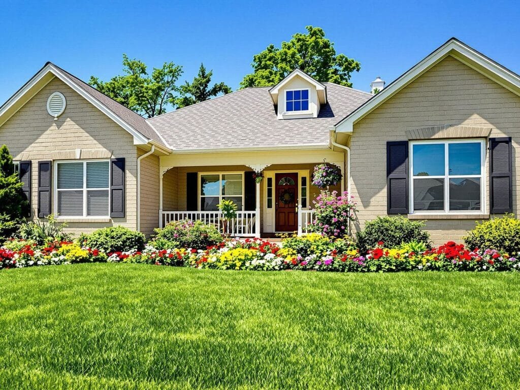 Sunny house with blooming flowers and green lawn.