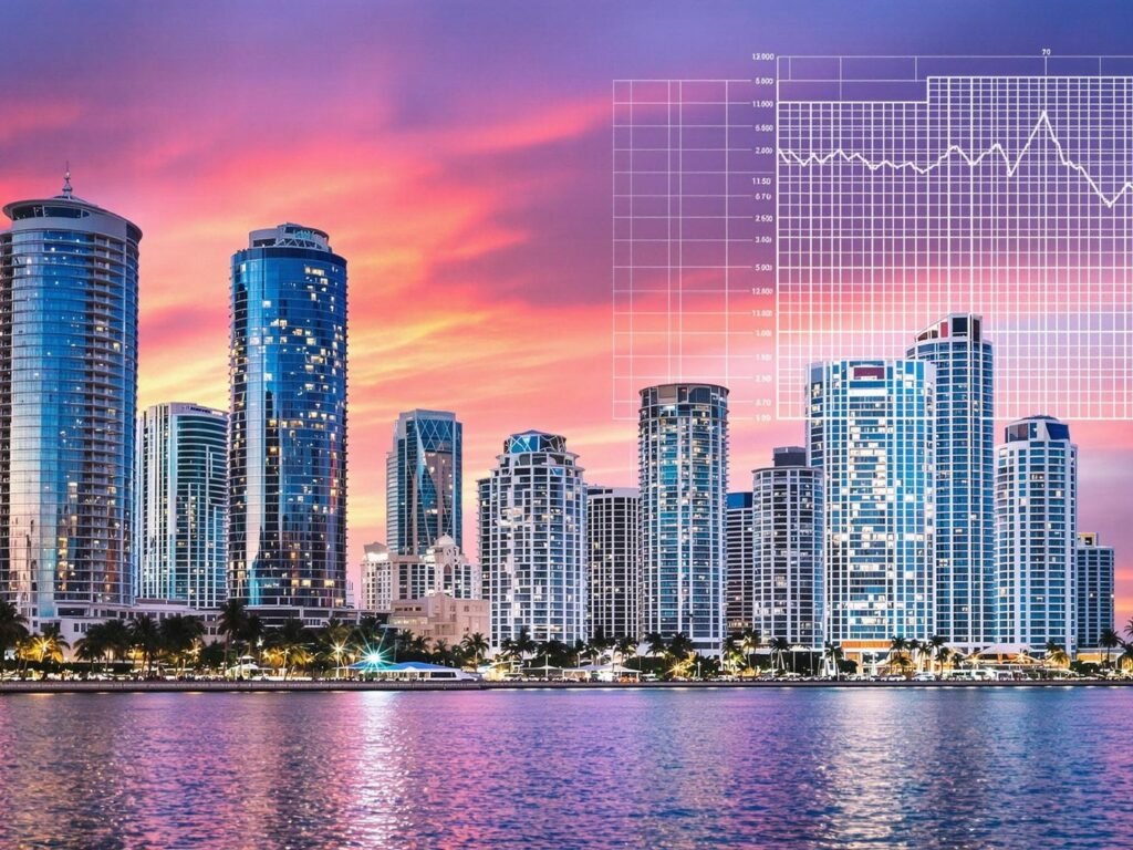 Miami skyline with real estate overlay.