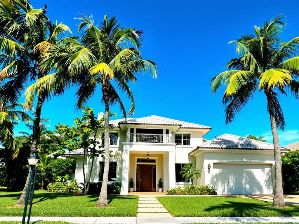 Palm trees, blue sky, and a modern house.
