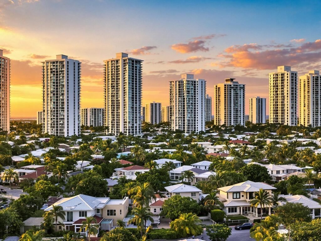 Miami skyline, homes, and financial charts.