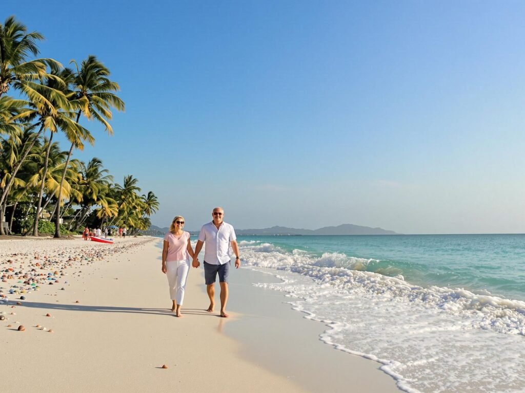 Senior couple walking barefoot on sunny beach under palm trees.