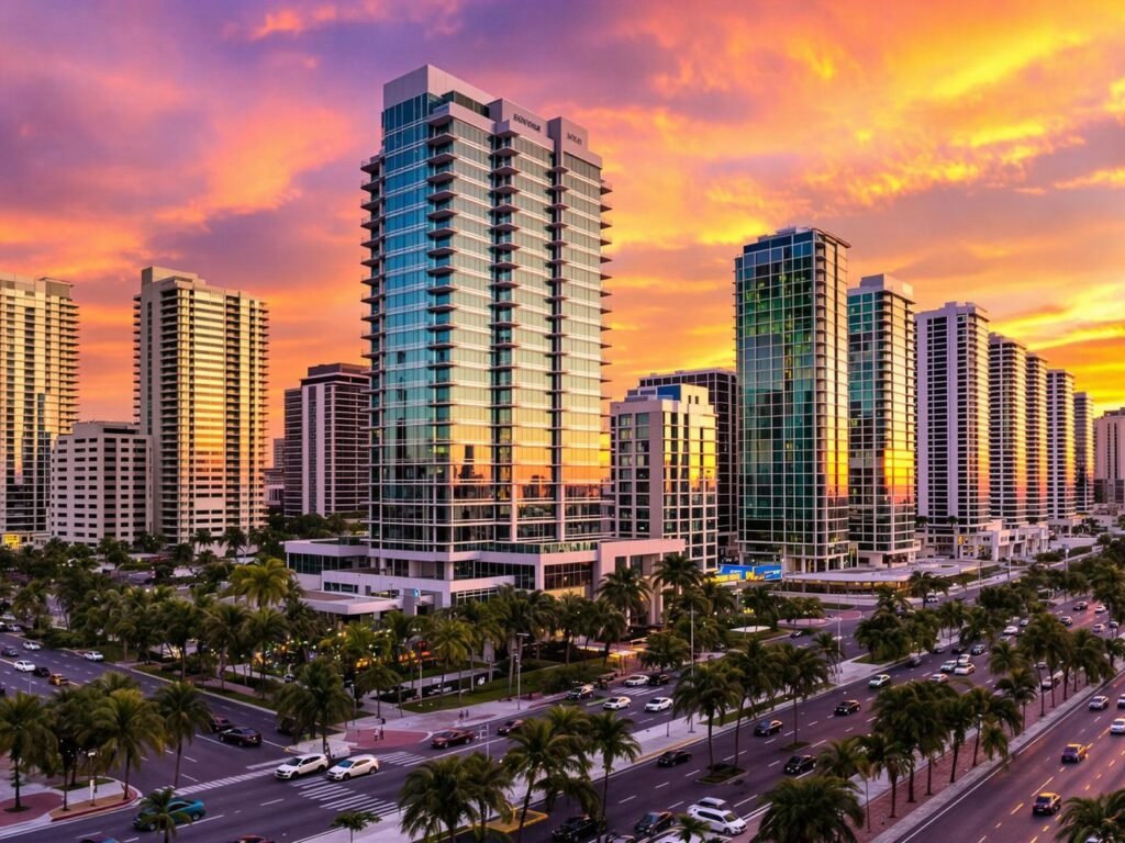 Bustling downtown Miami cityscape at sunset.