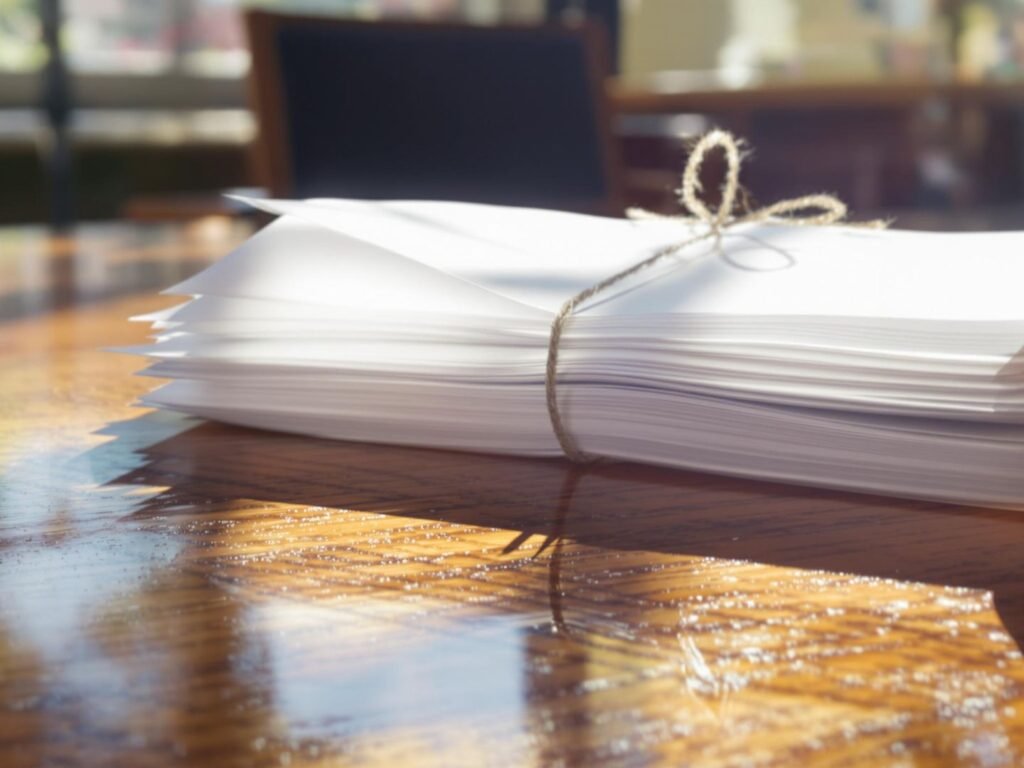Contract document on a wooden table.
