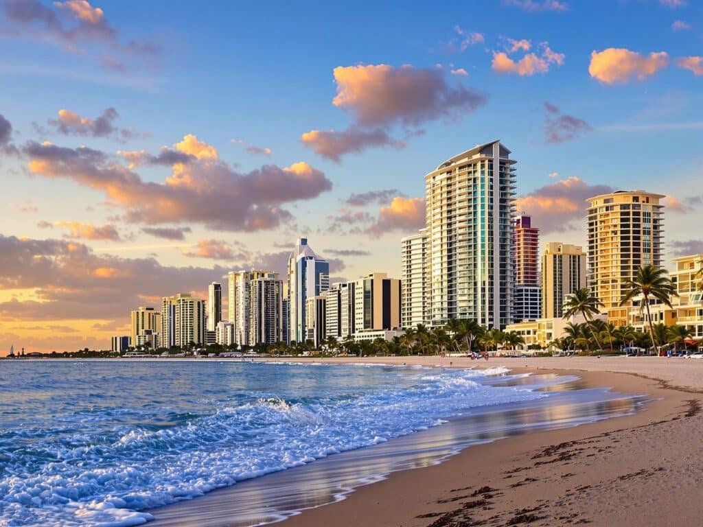Modern Miami skyline, beachfront homes