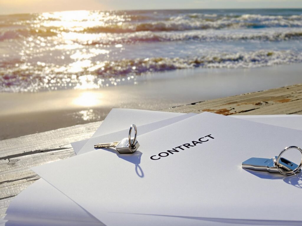 Florida beach, contract documents, house keys.