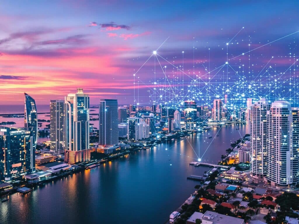 Miami skyline with glowing digital overlay.