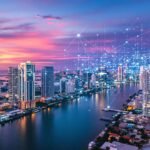 Miami skyline with glowing digital overlay.