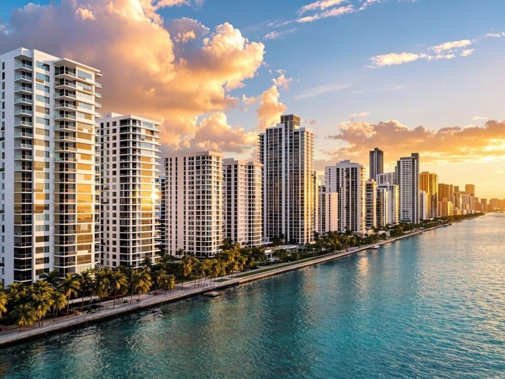 Miami skyline with luxury waterfront condos.