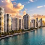 Miami skyline with luxury waterfront condos.