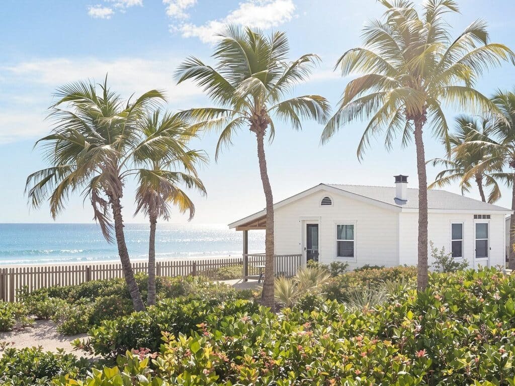 Ocean waves gently lapping a sandy beach with a small, charming house.